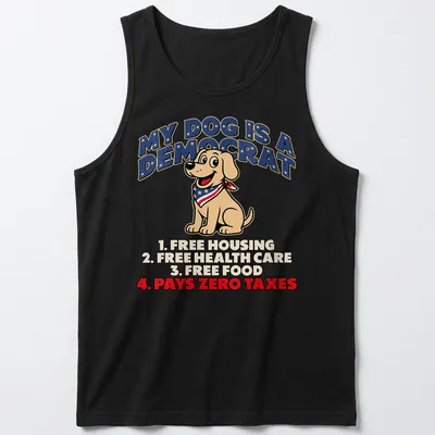 Cartoon-style t-shirt featuring humorous text about a yellow labrador dog and politics — printed on a tank top