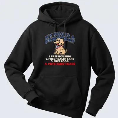 Cartoon-style t-shirt featuring humorous text about a yellow labrador dog and politics — printed on a unisex hoodie