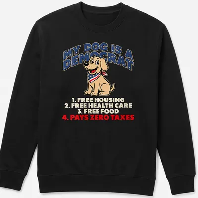 Cartoon-style t-shirt featuring humorous text about a yellow labrador dog and politics — printed on a unisex sweatshirt