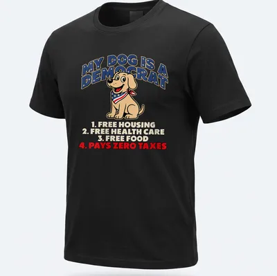 Cartoon-style t-shirt featuring humorous text about a yellow labrador dog and politics — printed on a unisex t-shirt