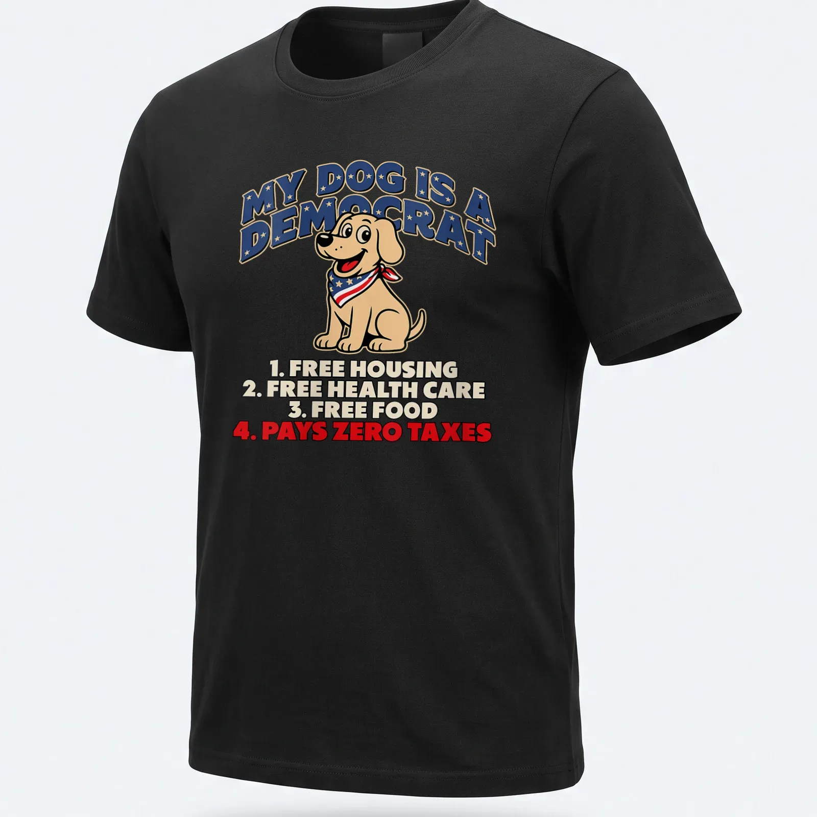Cartoon-style t-shirt featuring humorous text about a yellow labrador dog and politics — printed on a unisex t-shirt