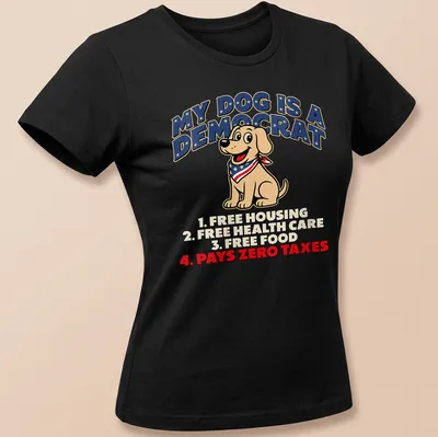 Cartoon-style t-shirt featuring humorous text about a yellow labrador dog and politics — printed on a women's shirt