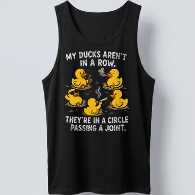 Funny cartoon shirt with yellow ducks and humorous text about ducks passing a joint — printed on a tank top