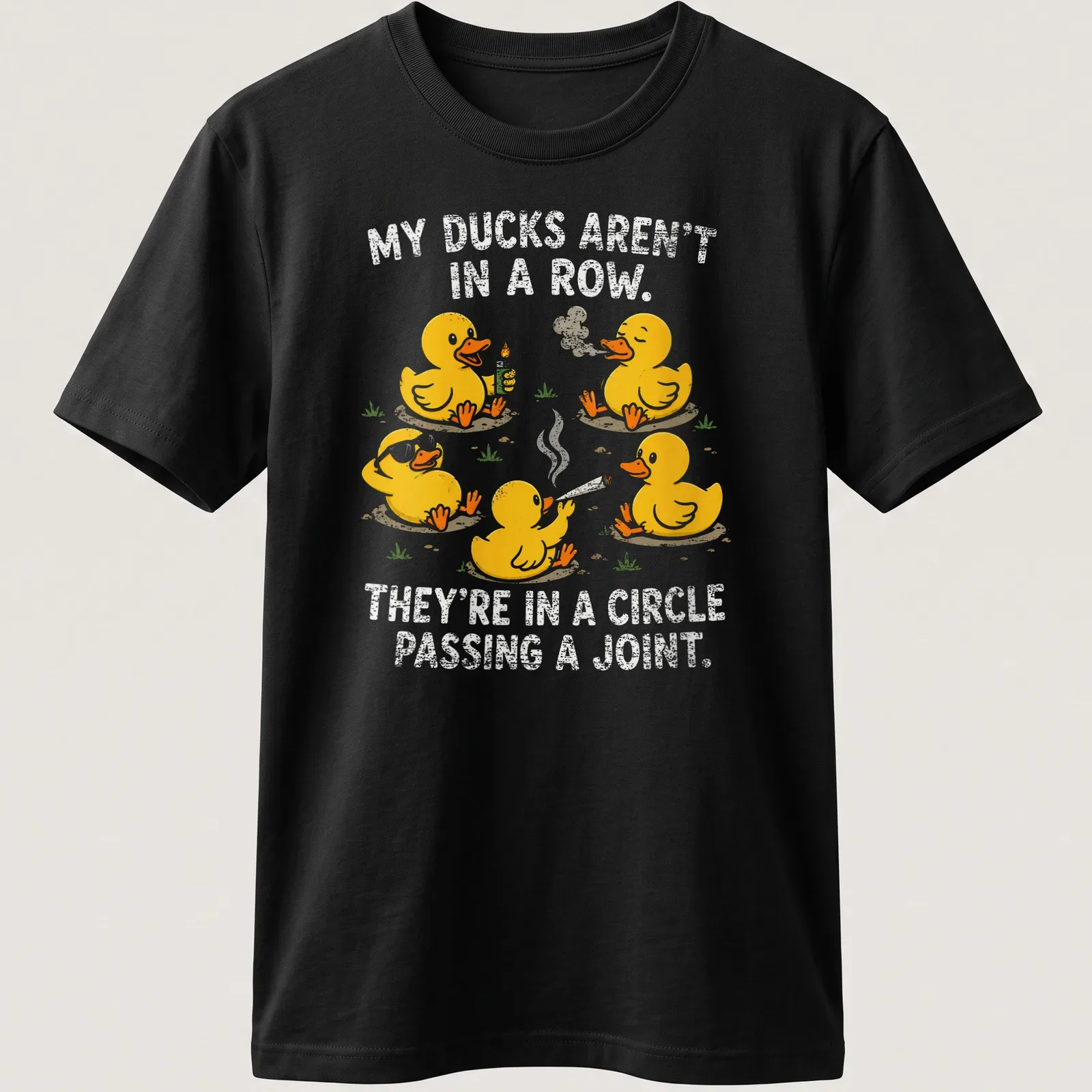 Funny cartoon shirt with yellow ducks and humorous text about ducks passing a joint — printed on a unisex t-shirt