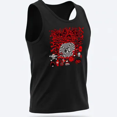 Bold graphic shirt with a monster and flames, featuring Skegss My Own Mess text — printed on a tank top
