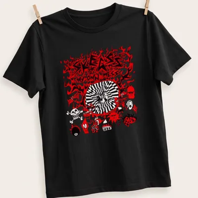 Bold graphic shirt with a monster and flames, featuring Skegss My Own Mess text