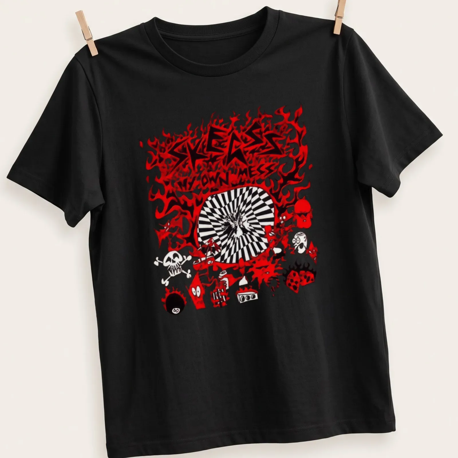 Bold graphic shirt with a monster and flames, featuring Skegss My Own Mess text — printed on a unisex t-shirt