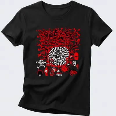 Bold graphic shirt with a monster and flames, featuring Skegss My Own Mess text — printed on a women's shirt