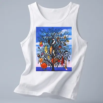 Illustrative shirt featuring a tree decorated with colorful seashells — printed on a tank top