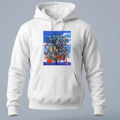 Illustrative shirt featuring a tree decorated with colorful seashells — printed on a unisex hoodie