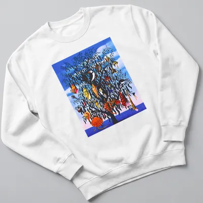 Illustrative shirt featuring a tree decorated with colorful seashells — printed on a unisex sweatshirt