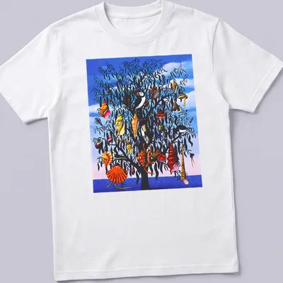Illustrative shirt featuring a tree decorated with colorful seashells