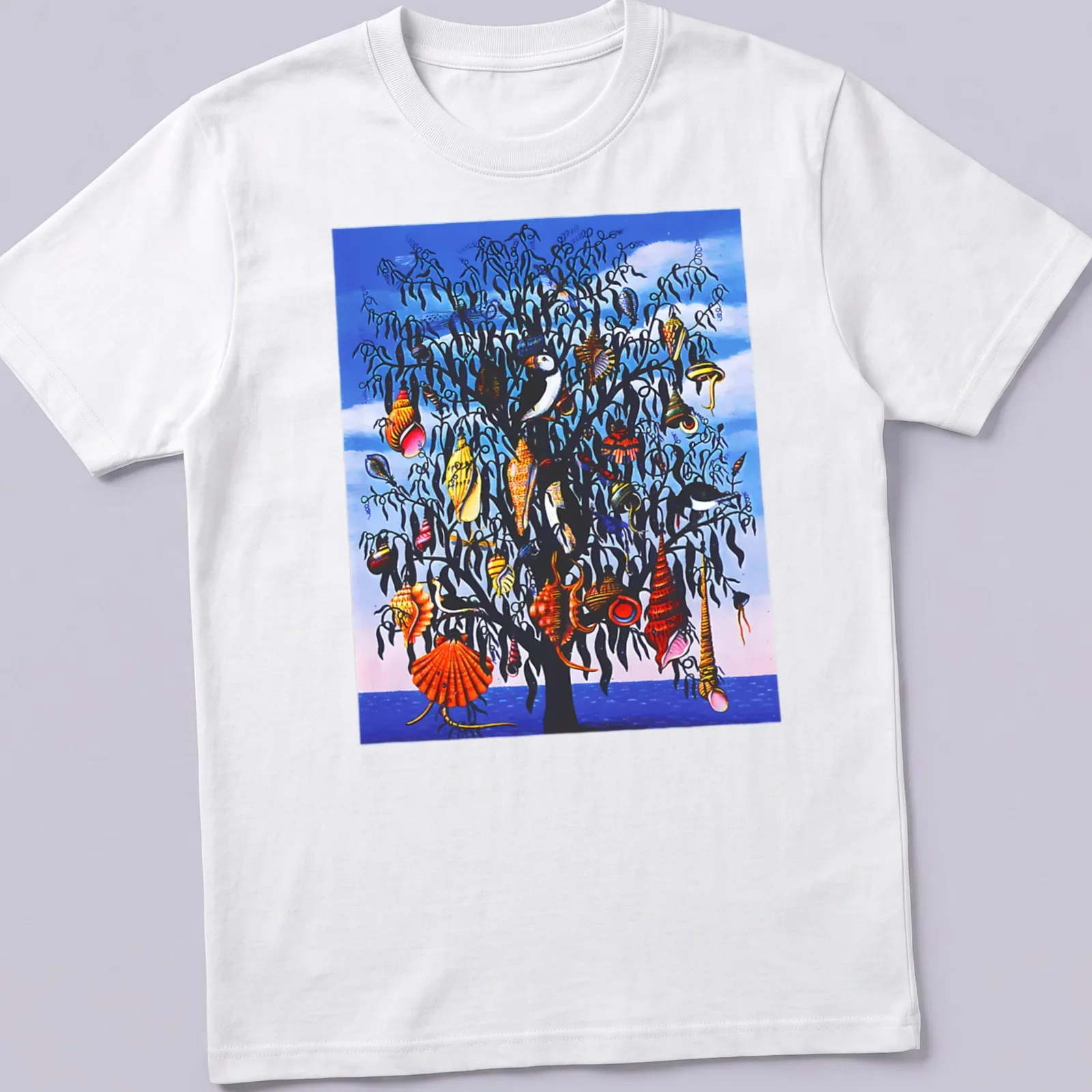 Illustrative shirt featuring a tree decorated with colorful seashells — printed on a unisex t-shirt