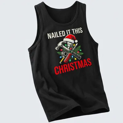 Cartoonish design featuring tools and text for Christmas in festive colors — printed on a tank top