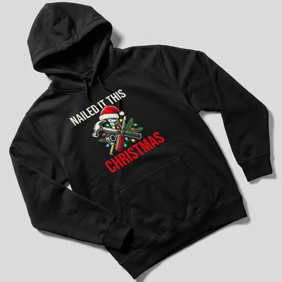 Cartoonish design featuring tools and text for Christmas in festive colors — printed on a unisex hoodie