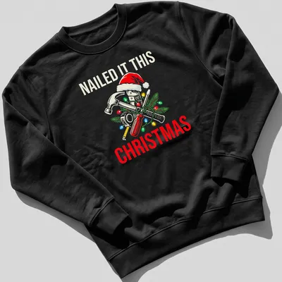 Cartoonish design featuring tools and text for Christmas in festive colors — printed on a unisex sweatshirt