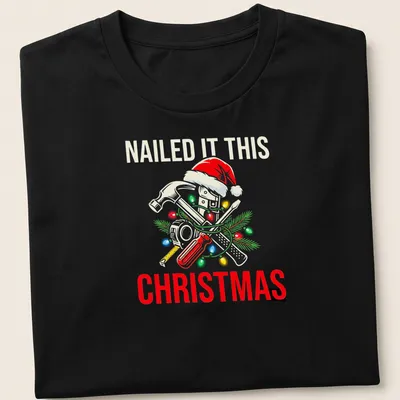 Cartoonish design featuring tools and text for Christmas in festive colors — printed on a unisex t-shirt