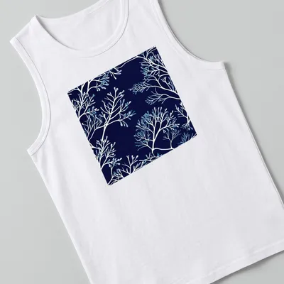 Modern botanical print of floral branches in blue silhouette on a — printed on a tank top