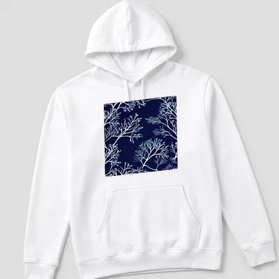 Modern botanical print of floral branches in blue silhouette on a — printed on a unisex hoodie