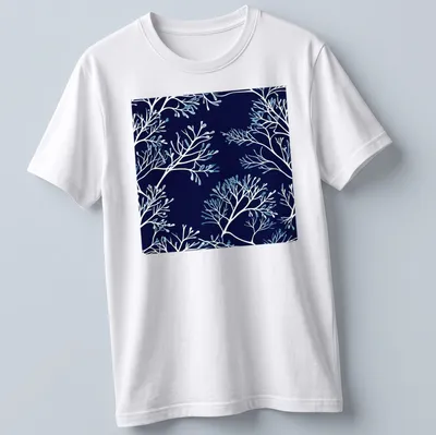 Modern botanical print of floral branches in blue silhouette on a T-shirt
