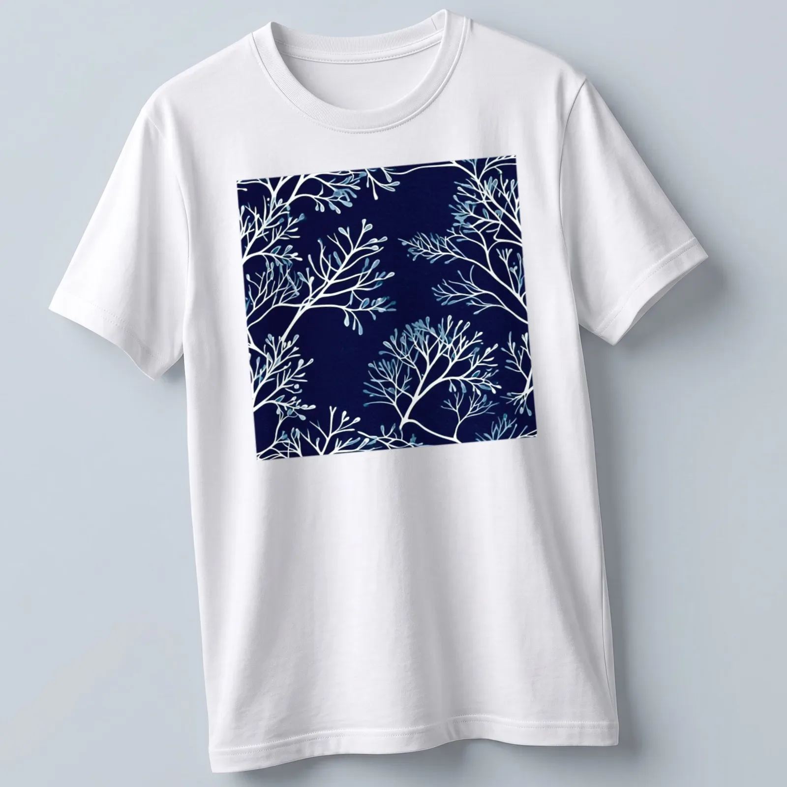 Modern botanical print of floral branches in blue silhouette on a — printed on a unisex t-shirt