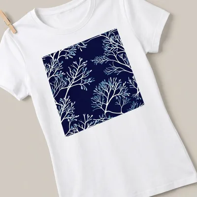 Modern botanical print of floral branches in blue silhouette on a — printed on a women's shirt