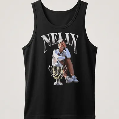 Photographic print of female golfer Nelly Korda holding a trophy, in silver and black — printed on a tank top