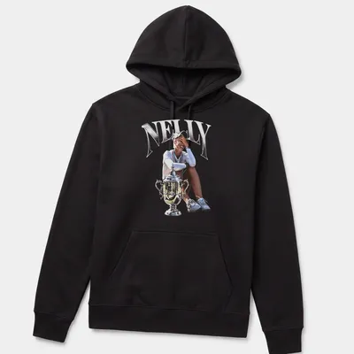 Photographic print of female golfer Nelly Korda holding a trophy, in silver and black — printed on a unisex hoodie