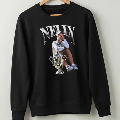 Photographic print of female golfer Nelly Korda holding a trophy, in silver and black — printed on a unisex sweatshirt