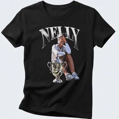 Photographic print of female golfer Nelly Korda holding a trophy, in silver and black — printed on a women's shirt
