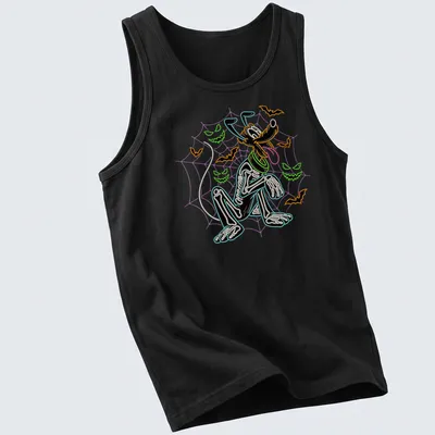Neon skeleton dog with spiderwebs and bats in vibrant colors — printed on a tank top