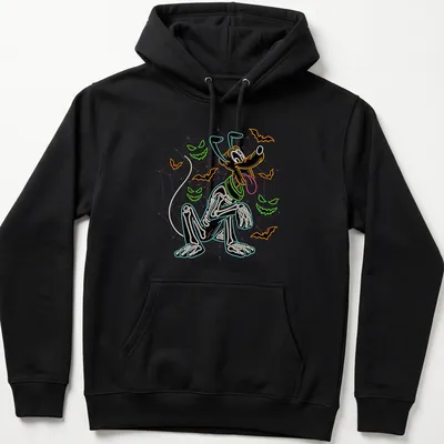 Neon skeleton dog with spiderwebs and bats in vibrant colors — printed on a unisex hoodie