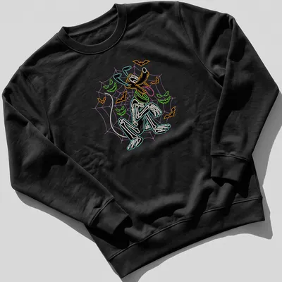 Neon skeleton dog with spiderwebs and bats in vibrant colors — printed on a unisex sweatshirt
