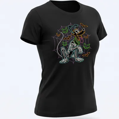 Neon skeleton dog with spiderwebs and bats in vibrant colors — printed on a women's shirt