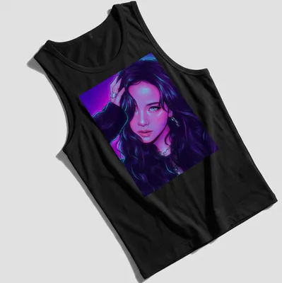 Neon portrait of a woman with long hair in purple, blue, and pink hues — printed on a tank top