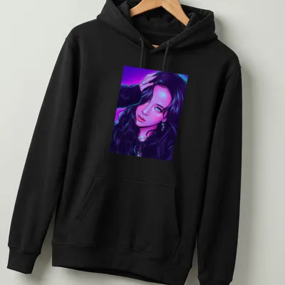 Neon portrait of a woman with long hair in purple, blue, and pink hues — printed on a unisex hoodie