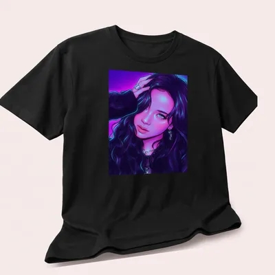 Neon portrait of a woman with long hair in purple, blue, and pink hues — printed on a unisex t-shirt (angled view)