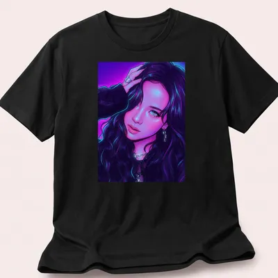 Neon portrait of a woman with long hair in purple, blue, and pink hues