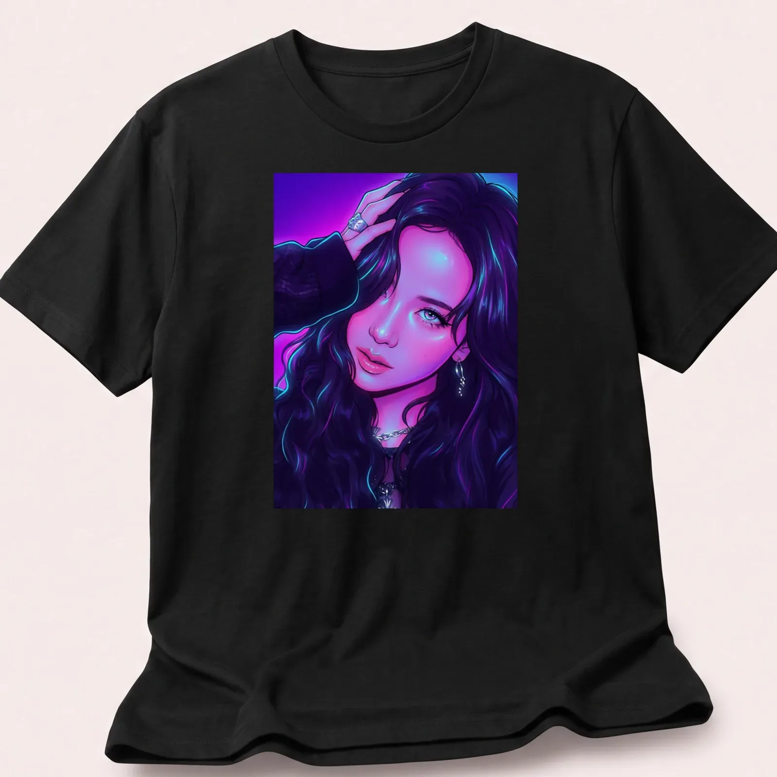 Neon portrait of a woman with long hair in purple, blue, and pink hues — printed on a unisex t-shirt