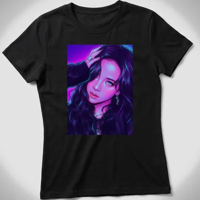 Neon portrait of a woman with long hair in purple, blue, and pink hues — printed on a women's shirt
