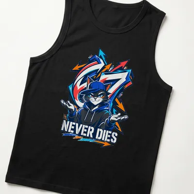 Graffiti-style T-shirt featuring an urban cat and bold 'NEVER DIES' text — printed on a tank top