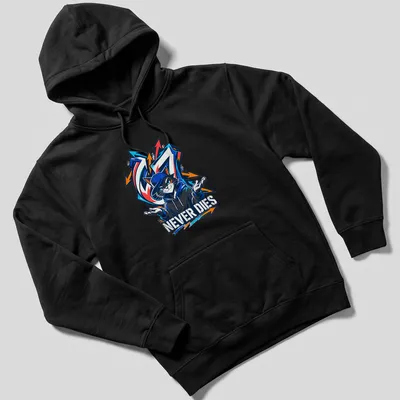 Graffiti-style T-shirt featuring an urban cat and bold 'NEVER DIES' text — printed on a unisex hoodie
