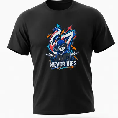 Graffiti-style T-shirt featuring an urban cat and bold 'NEVER DIES' text