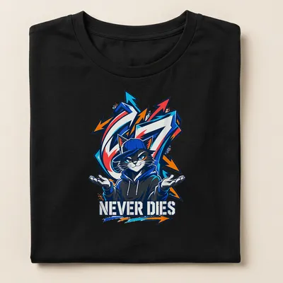 Graffiti-style T-shirt featuring an urban cat and bold 'NEVER DIES' text — printed on a women's shirt