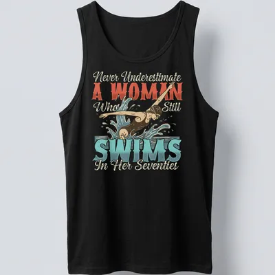Vintage illustration of a swimmer with empowering text in blue, red, cream, and black — printed on a tank top