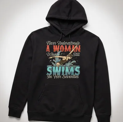 Vintage illustration of a swimmer with empowering text in blue, red, cream, and black — printed on a unisex hoodie