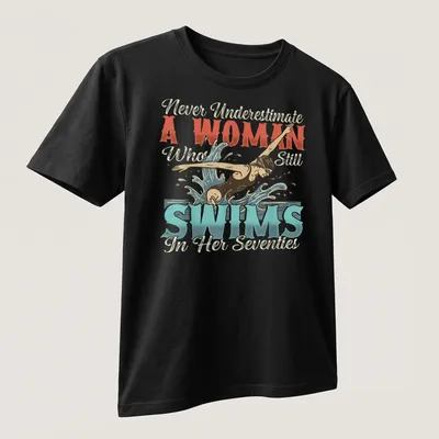 Vintage illustration of a swimmer with empowering text in blue, red, cream, and black — printed on a unisex t-shirt (angled view)