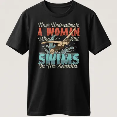 Vintage illustration of a swimmer with empowering text in blue, red, cream, and black