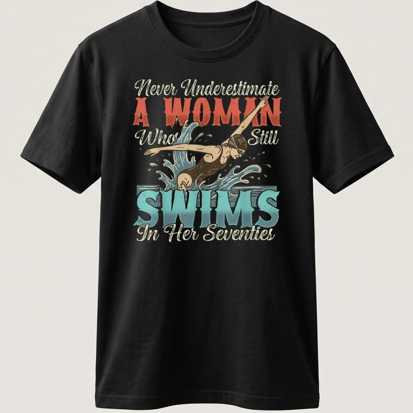 Vintage illustration of a swimmer with empowering text in blue, red, cream, and black — printed on a unisex t-shirt