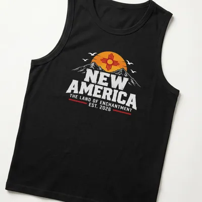 Vintage-style t-shirt featuring mountains with the text New America. — printed on a tank top